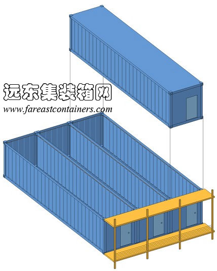 外走廊式箱體及交通構(gòu)成示意b,集裝箱房屋,集裝箱活動(dòng)房,住人集裝箱,集裝箱住宅,集裝箱建筑