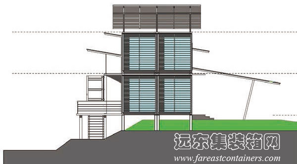 集裝箱住宅： Upcycled 集裝箱度假屋側(cè)立面圖